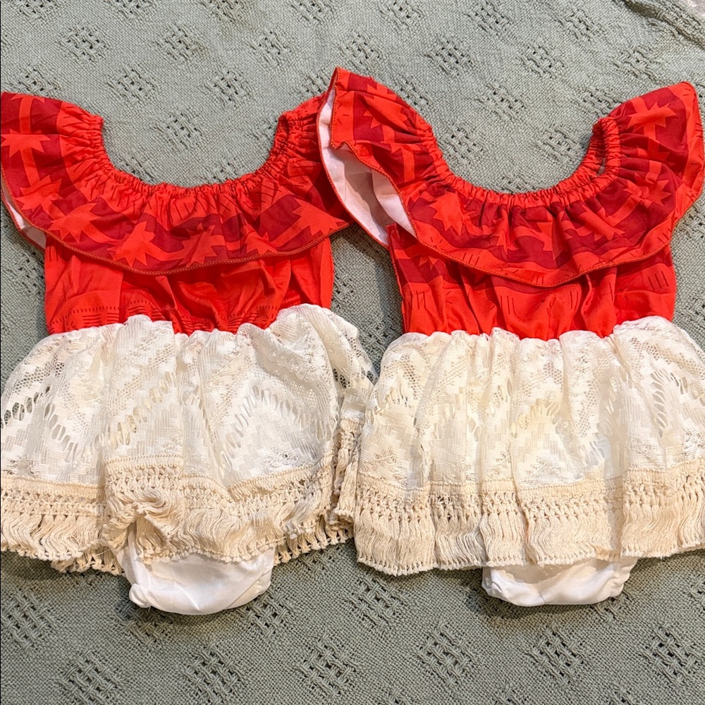 One Available:Moana Red and Cream Baby Ruffle Dress Duo